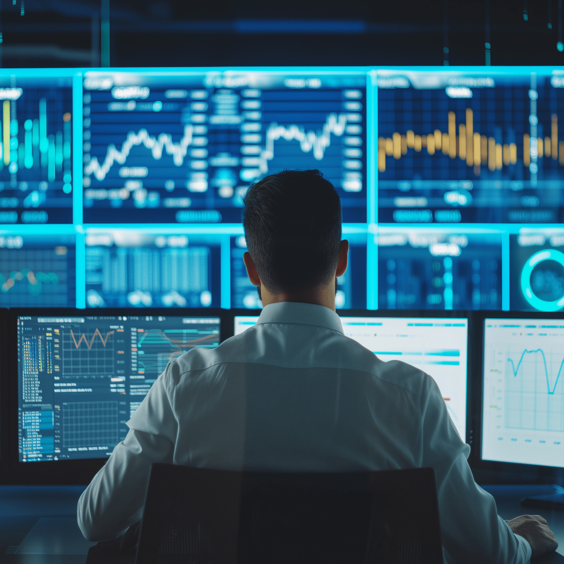 Business group meeting in monitoring room technical operator observes system stability